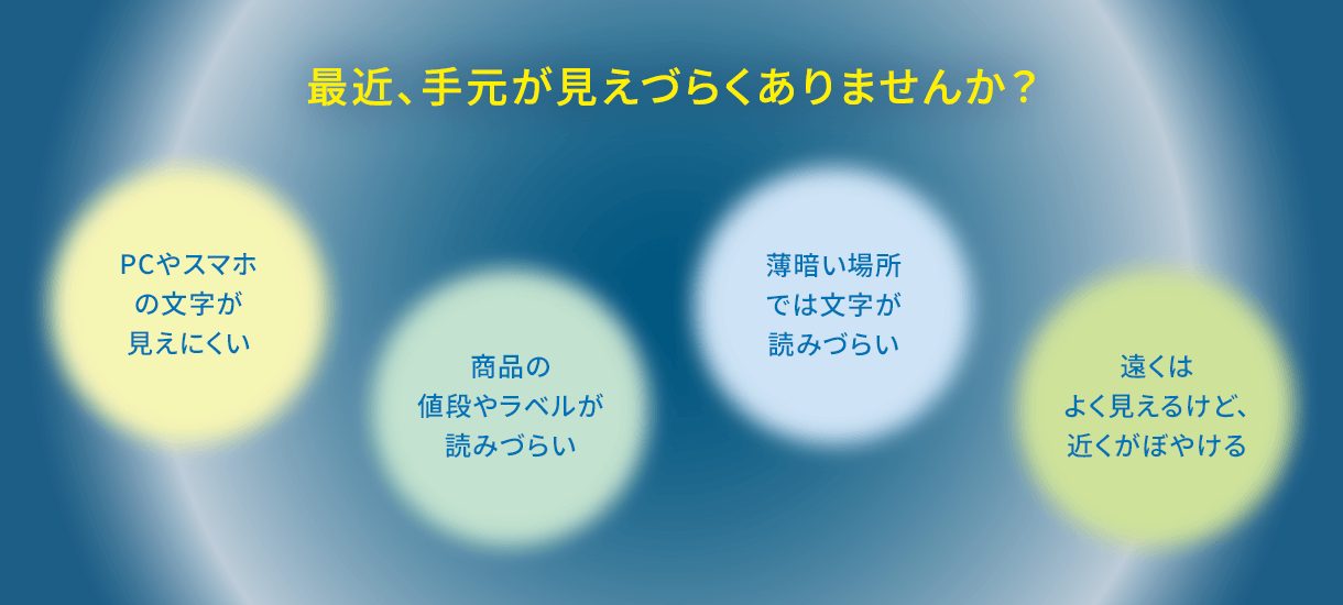 最近、手元が見えづらくありませんか? PCやスマホの文字が見えにくい 商品の値段やラベルが読みづらい 薄暗い場所では文字が読みづらい 遠くはよく見えるけど、近くがぼやける